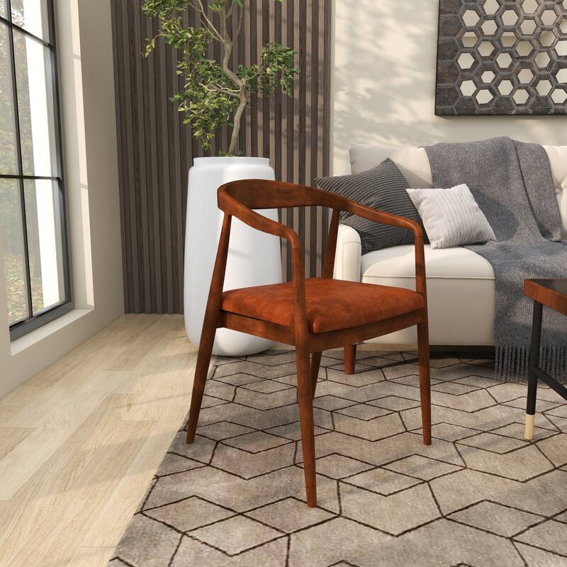 Brown Teak Wood Handmade Rounded Dining Chair with Leather Cushion - 20 x 21 x 32