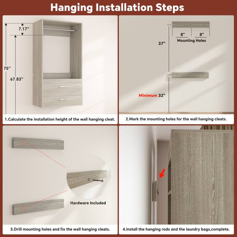 Closet System with 2 Sets, 154'' Walk-in Closet Organizer System with 2 Drawers & 8 Hanging Rods & 6 Reversible Shelf Towers
