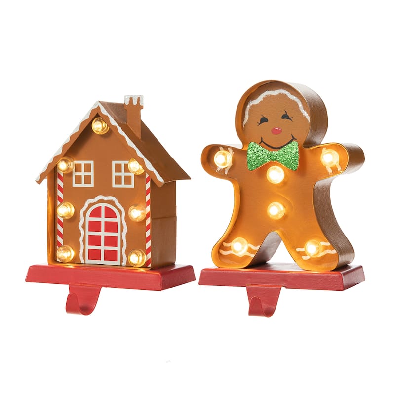 Glitzhome Christmas Marquee LED Gingerbread Man House Stocking Holders Mantel Ornament - Gingerbread House & Gingerbread Man