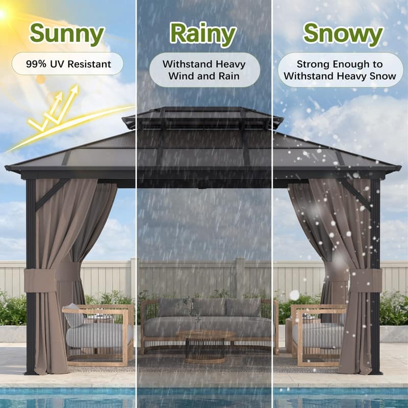 Hardtop Gazebo for Backyard – Permanent Pergola with Netting, Curtains & Double Roof, All-Weather Outdoor Shelter