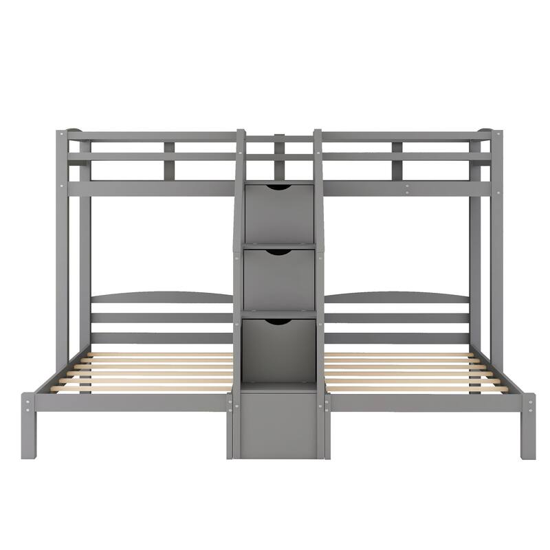 Twin Over Twin Over Twin Bunk Bed for 3 Kids, Pine Wood Triple Bunk Bed Frame with Built-in Staircase and Storage Drawer, Gray