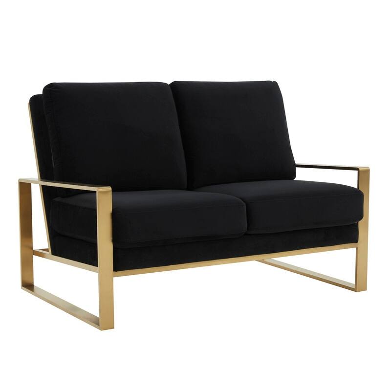 Jefferson Modern Two-Seater Velvet Loveseat with Brushed Gold Stainless Steel Base, Removable Cushions for Living Room or Lounge - Black