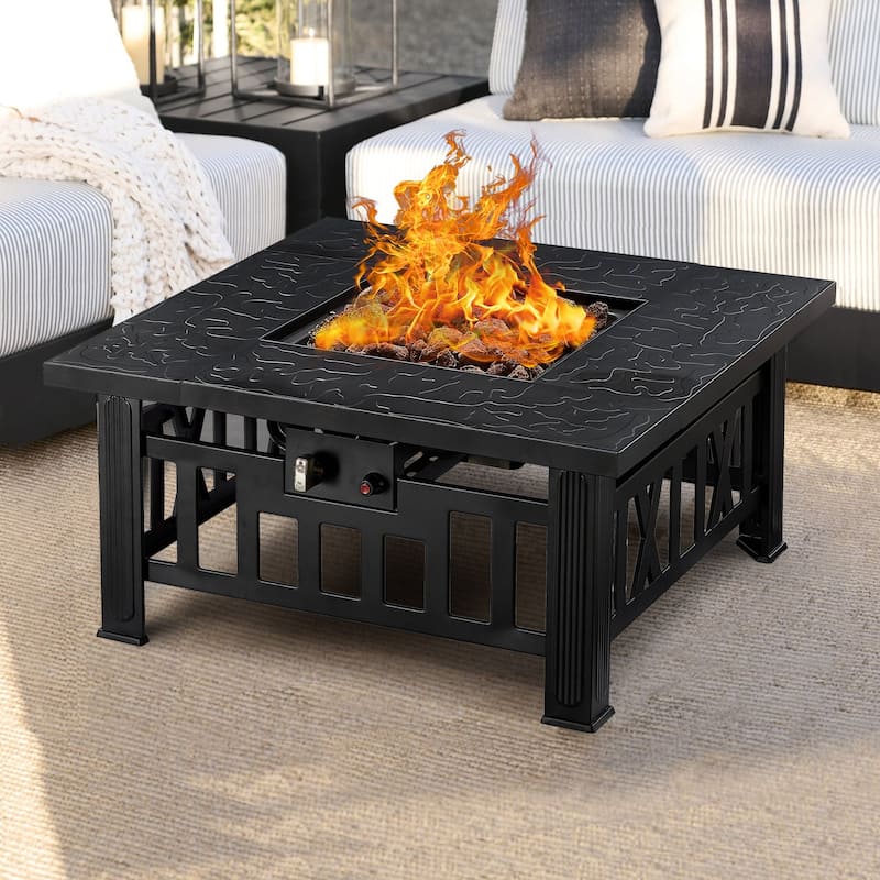 Steel Gas Propane Fire Pits with Lid and Lava Rock, 28 Inch Fire Table, 50,000 BTU Outdoor Fire Pit Table