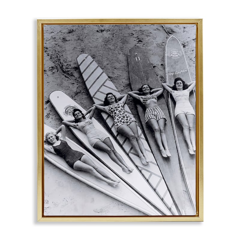 Stupell Vintage Women on Surfboards Framed Floater Canvas Wall Art Design By Arlington Prints - 17 x 21 - Gold