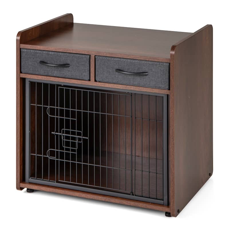 Indoor Dog Crate Furniture with Drawers Stylish End Table Cage - 24.5" L × 19.5" W × 25" H