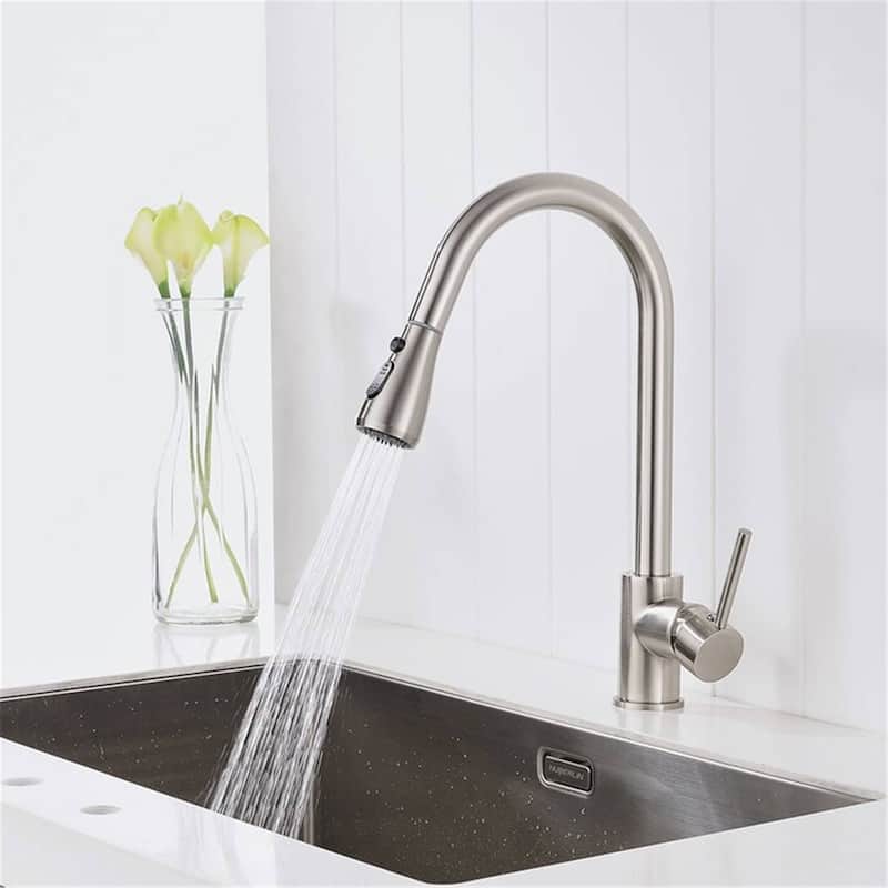 Single Hole Kitchen Sink Faucet With Pull Down Sprayer Brusded Nickel Kitchen Faucets Single Handle High Arc Mixer Faucets - Brushed Nickel