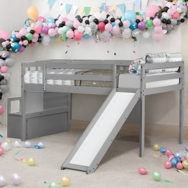 slide 2 of 18, Twin Size Loft Bed With Staircase,Storage,Slide,Full-length Guardrails Grey