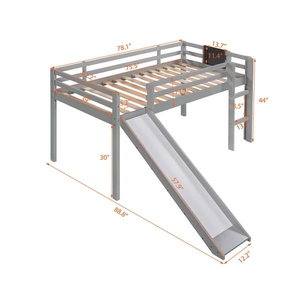 dimension image slide 2 of 3, Modern Twin Size Wood Loft Bed With Slide,Stair and Chalkboard For Bedroom,Kids