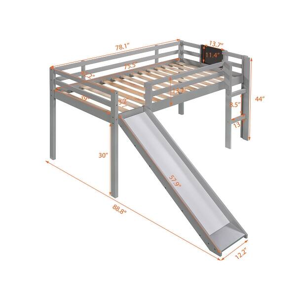 dimension image slide 1 of 3, Twin Size Loft Bed Wood Kids Bed Frame with Ladder, Slide & Chalkboard