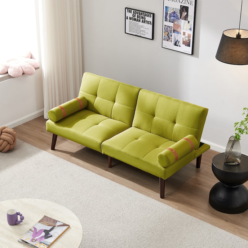 Convertible Sofa Bed Futon with Solid Wood Legs Linen Fabric Bed Bath