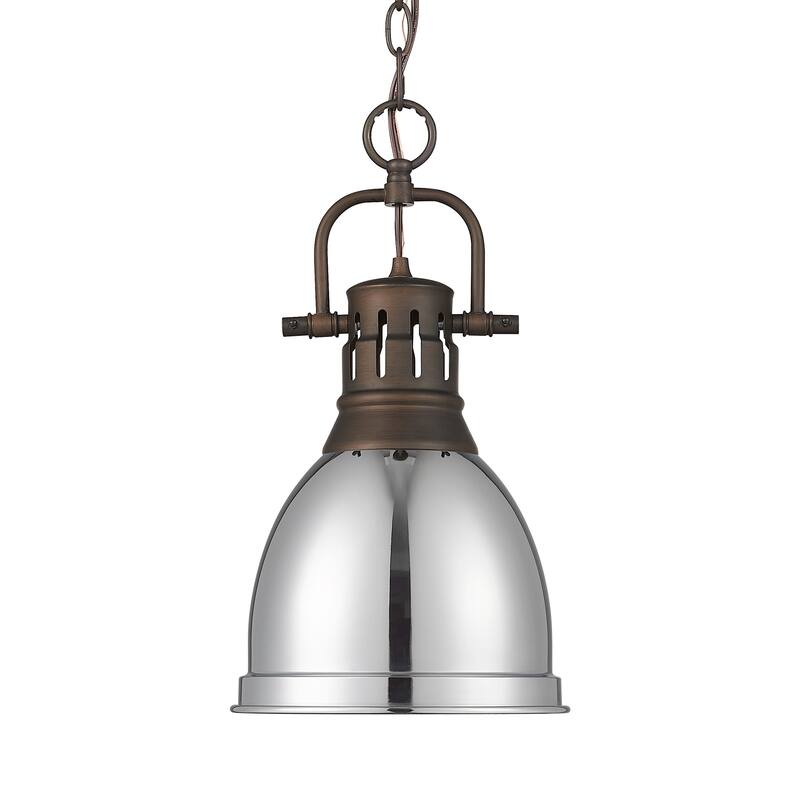 Yep by Golden Lighting Duncan 1-light 9in Chain Hung Pendant in Rubbed Bronze and Chrome shade