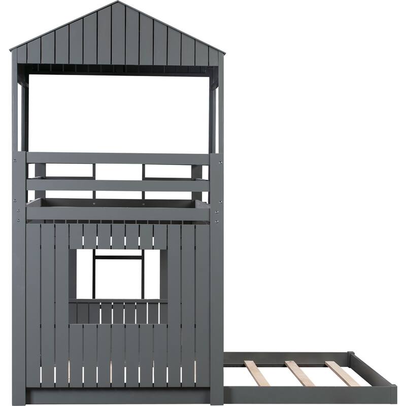 L-Shaped Bunk Bed Playhouse Wooden Twin Over Full House Bed, Loft Bed with Ladder and Guardrails for Bedroom Kids Play & Sleep