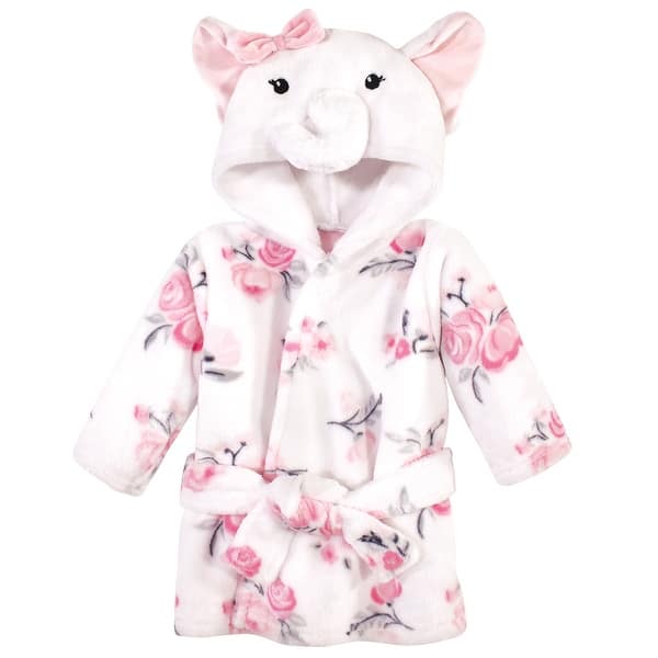 slide 1 of 1, Hudson Baby Infant Girl Plush Animal Face Bathrobe, White Elephant, 0-9 Months - White Elephant - 0-9 Months 0-9 Months - White Elephant