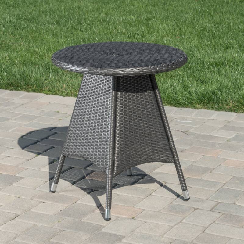 Roomfitters Round Wicker Outdoor Side Table with Tapered Base and Metal Feet, All-Weather Rattan Accent, Grey