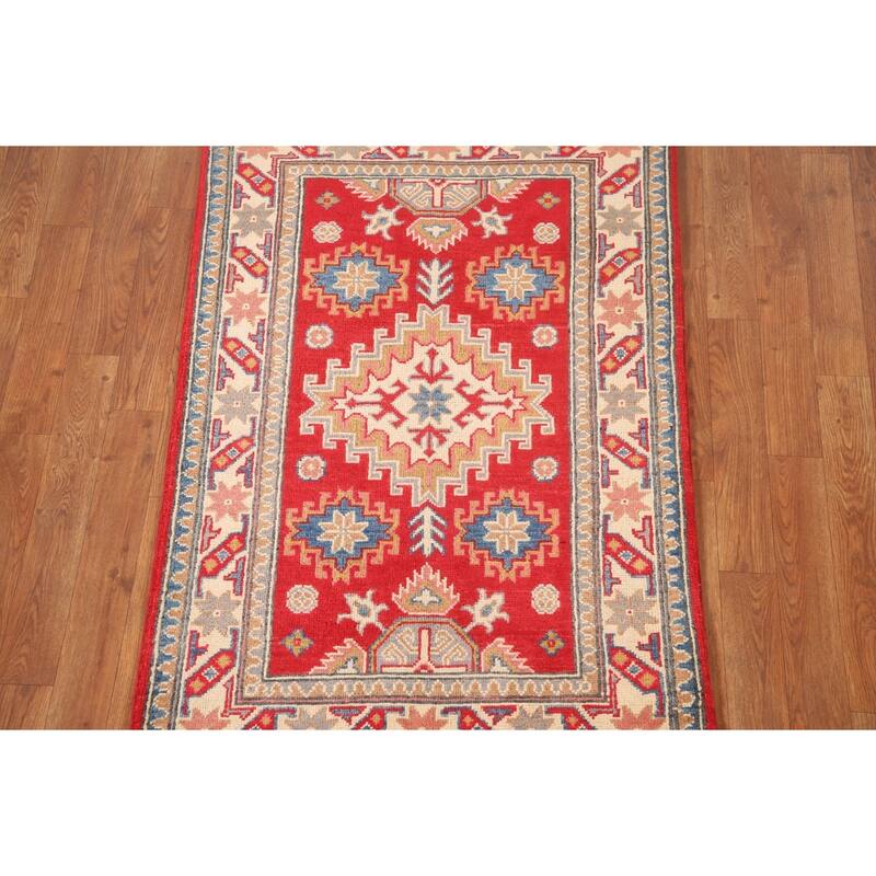 Geometric Red Kazak Oriental Accent Rug Handmade Wool Carpet - 2'9"x 4'2"