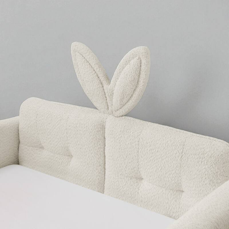 Twin Size Upholstered Platform Bed with Rabbit Ear Headboard, Boucle Fabric, Safety Rail and Storage Pocket for Kids