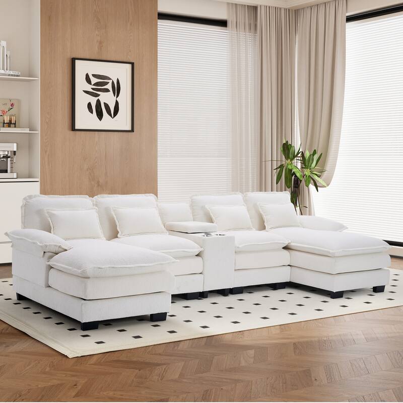 U-shaped Sectional Sofa Chenille Fabric Doudle Layer Cushion with USB Central Console