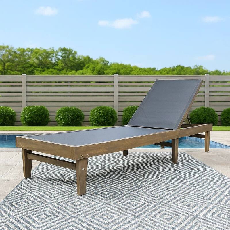 Liam Outdoor Chaise Lounger, 78 Inch Mesh Seat, Dark Gray Acacia Wood Frame