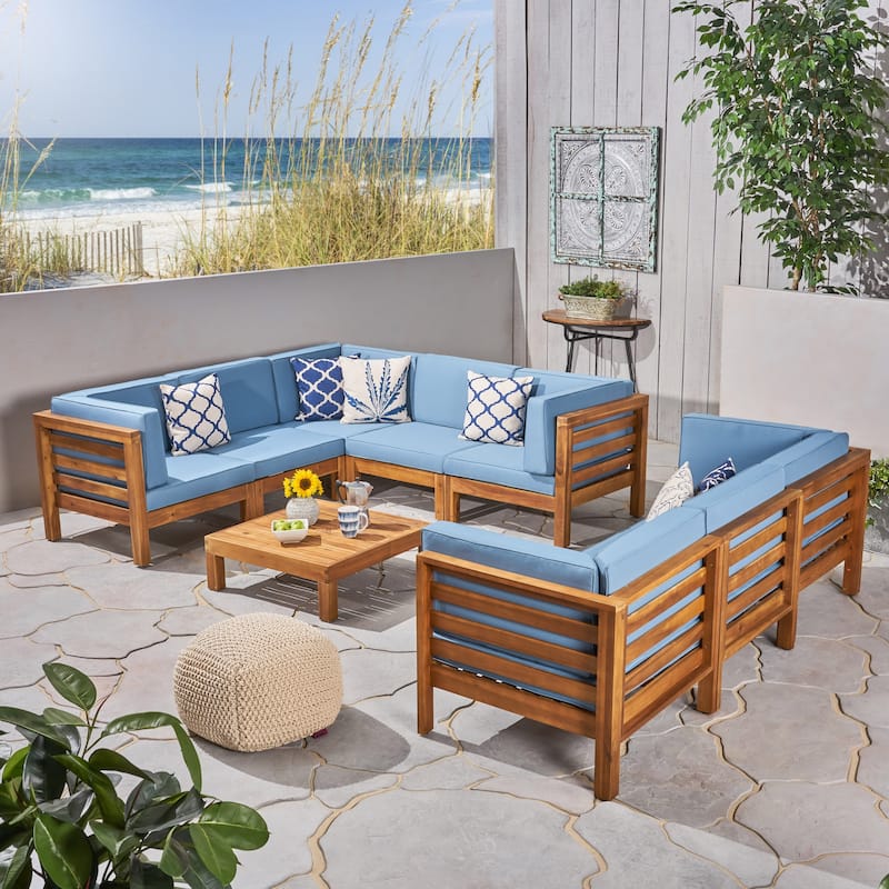 Oana Outdoor 9-Piece Acacia Wood Sectional Sofa Set with Coffee Table by Christopher Knight Home - teak + blue cushion