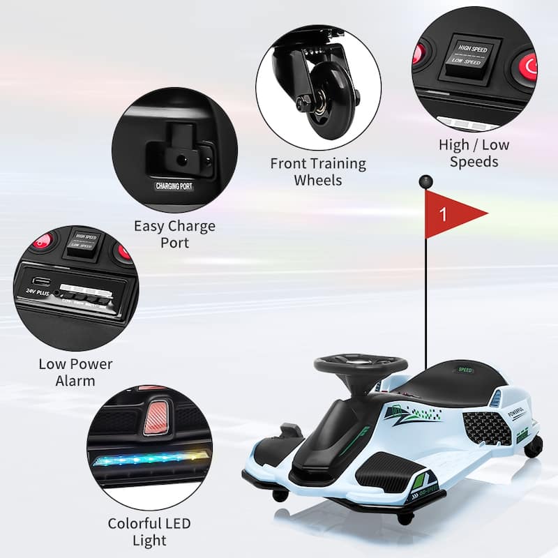 24V Kids Drift Go Kart, Electric Drifting Car with 180w Brushless Motor for Kids Best Gift