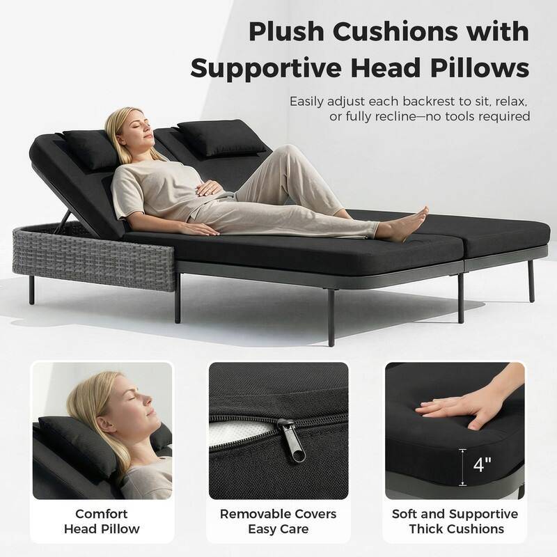 2-Person Outdoor Double Chaise Lounge, Wicker Patio Reclining Daybed with 6-Position Backrests, 4" Cushions, 800 lb Capacity