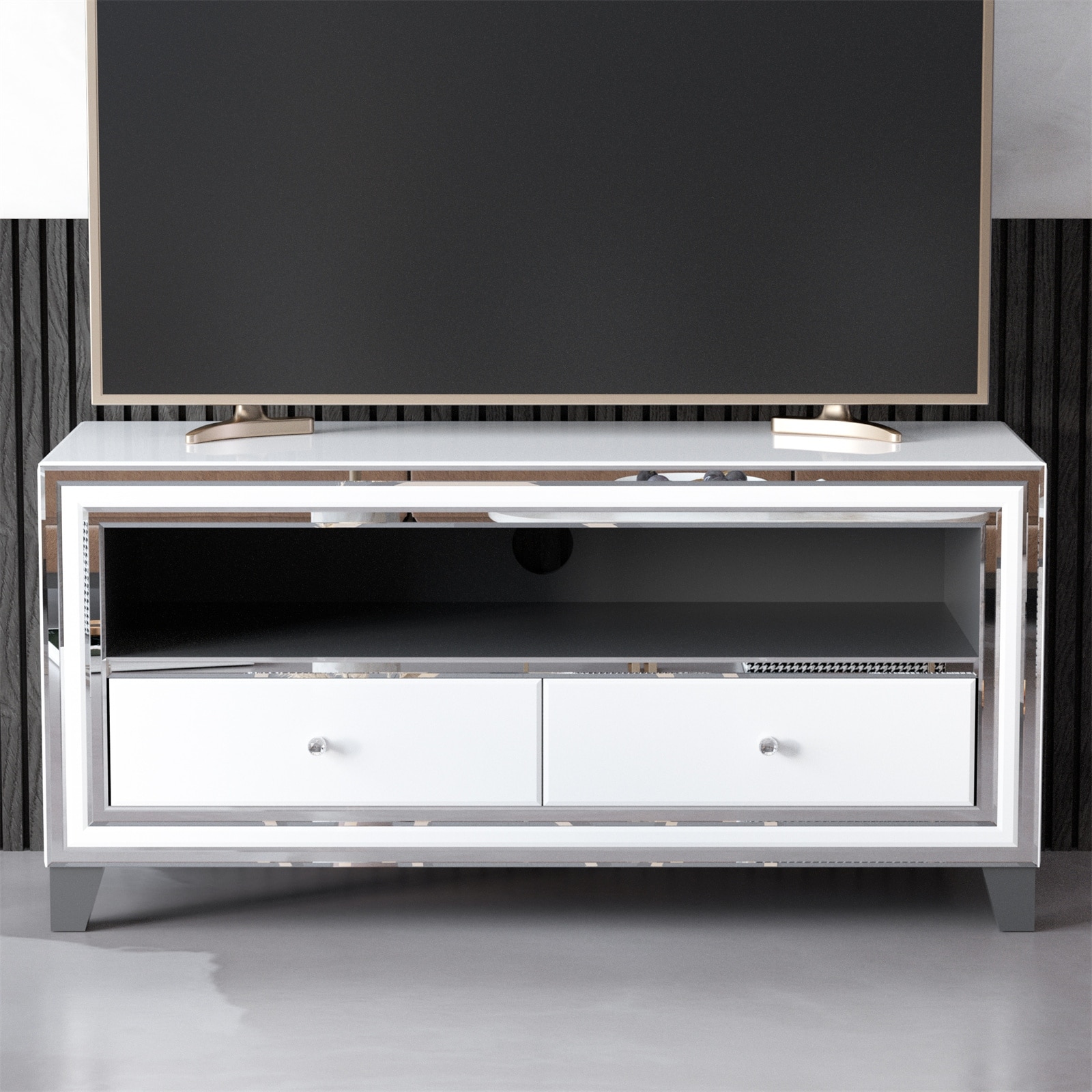 White Glass TV Cabinet Mirrored Border Paired TV Stand With 2