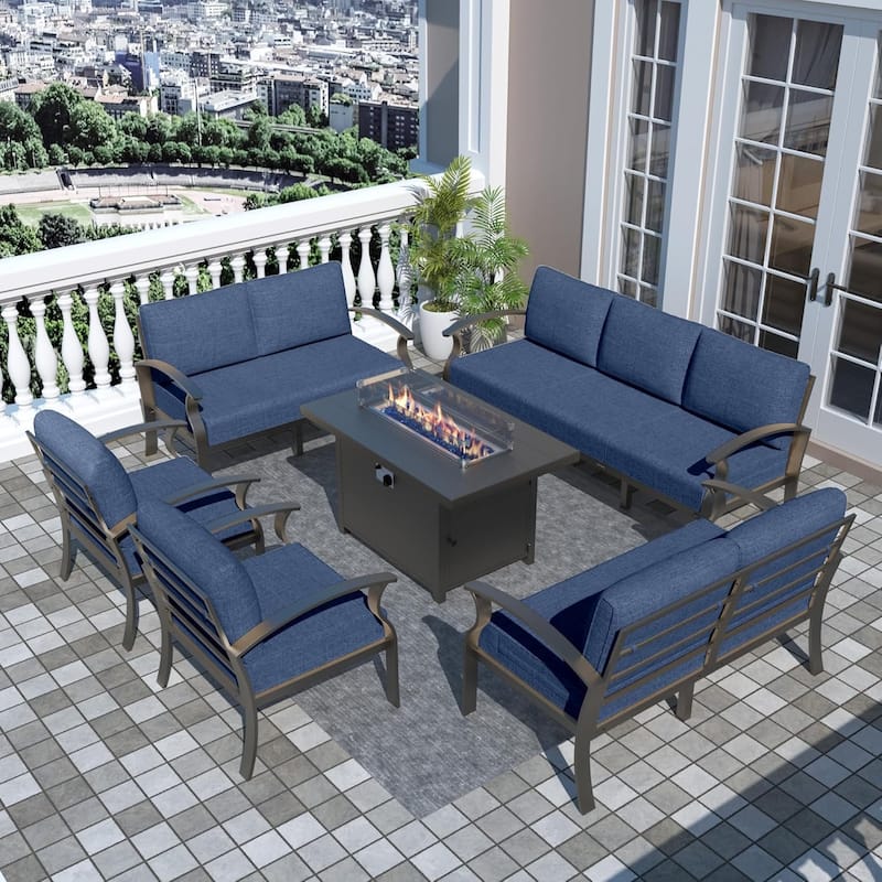 Aluminum Patio Furniture Set with FirePit Ottomans Swivel Chairs,Sectional Sofa with Thick Seat Cushions for Porch Garden - 9-Seats - Navy Blue