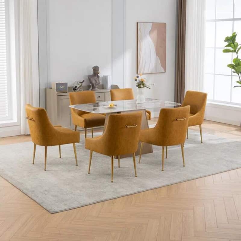 SEYNAR Modern Glam PU Leather Dining Chair or Vanity Chair Set of 6 with Rear Handle - Mustard