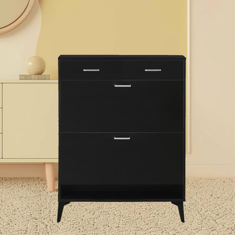 Modern Tipping Bucket Shoe Rack Organizer Cabinet with Adjustable Shelves, Flip Drawers, for Bedroom, Mudroom, Hallway, Porch - Black