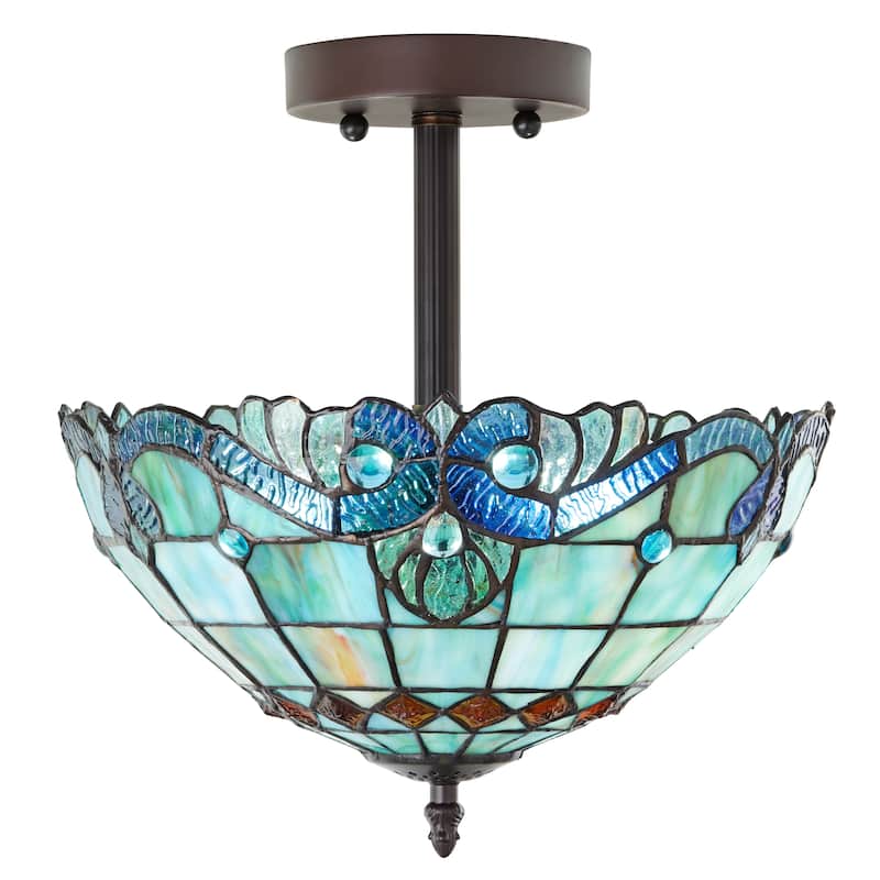 Anna River of Goods Metal and Blue Stained Glass Bowl Shade 13-Inch Semi-Flushmount Ceiling Light - 12.5" x 12.5" x 13" - 12.5" x 12.5" x 13" - Green/Blue/Amber