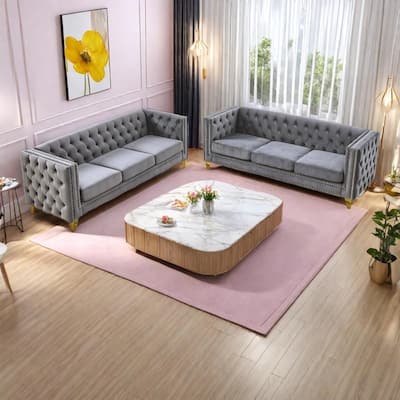 2-Piece 67" Velvet Chesterfield Sofa Set with Tufted Back & Nailhead Trim