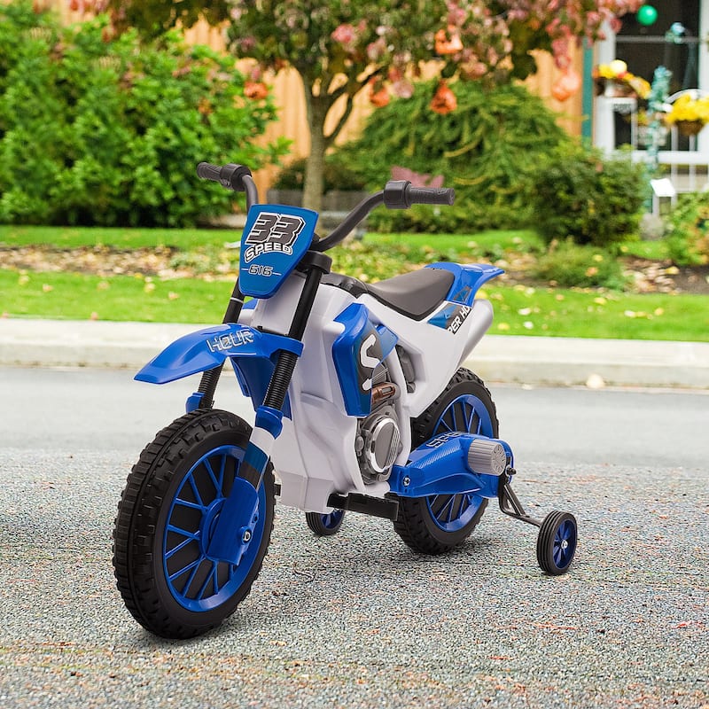 Motorcycle Dirt Bike Electric Battery-Powered Ride-On Toy Off-road Street Bike with Charging Battery, Training Wheels Blue