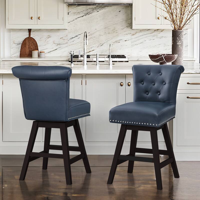 26 in. Set of 2 Bar Stools Counter Height Barstool 360° Swivel with Curved Backrest - Dark Blue/Faux Leather - Counter Height