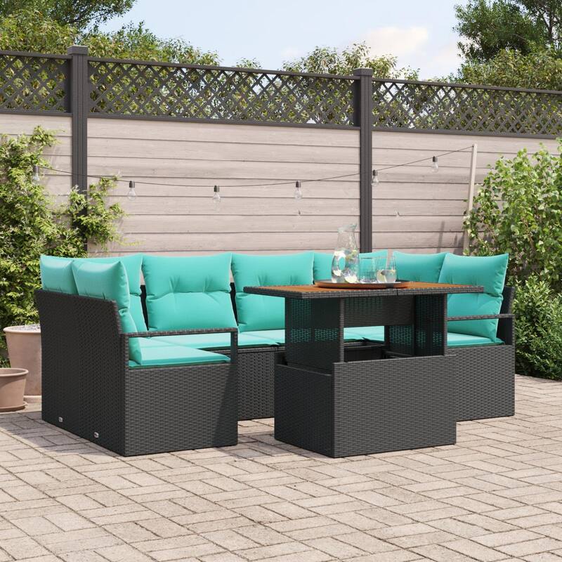 vidaXL 7 Piece Garden Sofa Set with Cushions Black Poly Rattan - 92.1×48×27.2