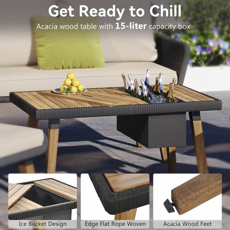 6-Piece Rope Patio Furniture Set with Acacia Wood Cool Bar Table