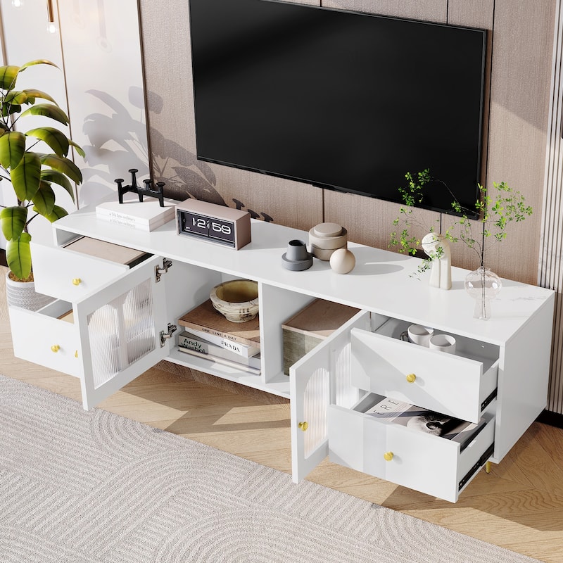70.9" Glass Door TV Stand with Round Handle, Media Storage TV Console Table with 4 Drawers, 2 Cabinets for TVs up to 75''