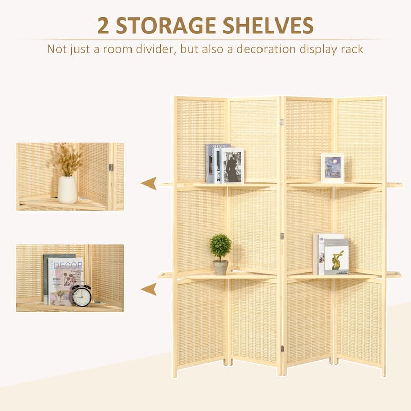 4-Panel Bamboo Folding Room Divider Screens with Storage Shelves