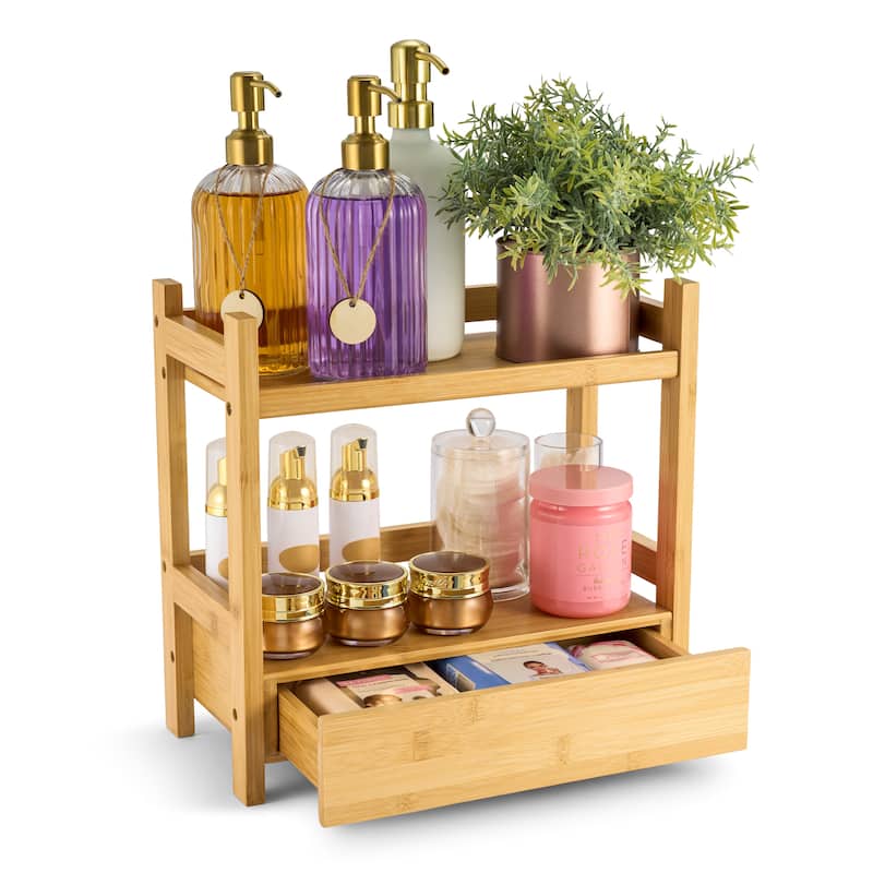 Sorbus Bamboo Bathroom Counter Organizer – 2-Tier Shelf with Hidden Drawer - 13.12" L x 6.37" W x 12.62" H - 13.12" L x 6.37" W x 12.62" H