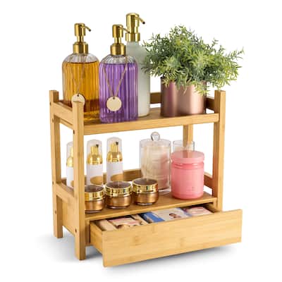 Sorbus Bamboo Bathroom Counter Organizer – 2-Tier Shelf with Hidden Drawer - 13.12" L x 6.37" W x 12.62" H