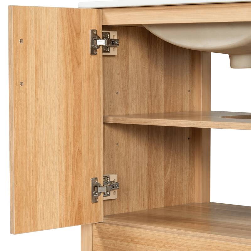 Roomfitters 36" Bathroom Vanity with Ceramic Sink, Solid Wood Frame, 2 Soft-Close Doors, 4 Drawers and Adjustable Shelf, Wood