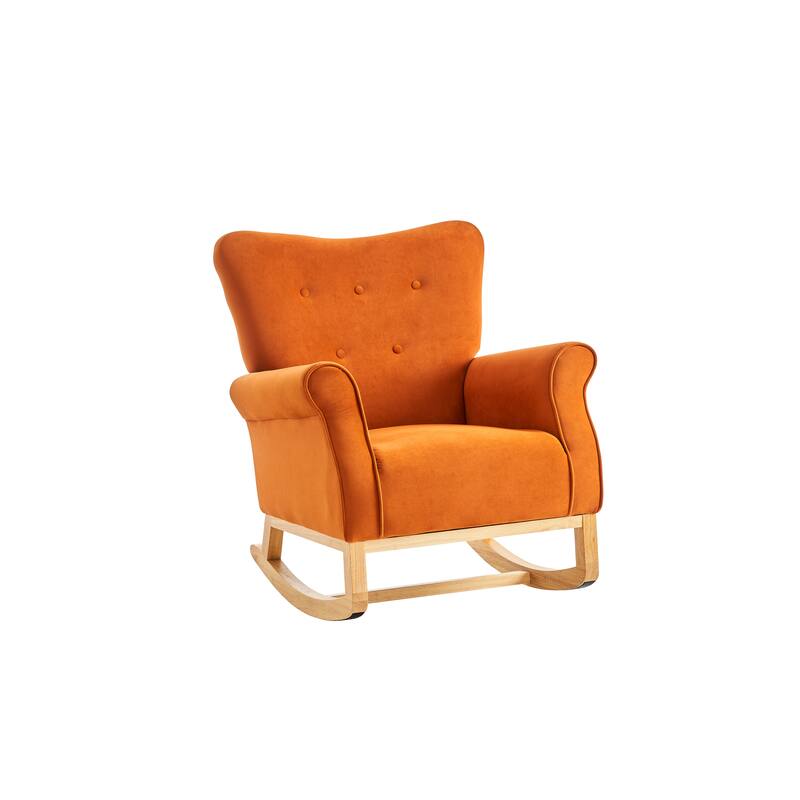Velvet Upholstered Glider Rocking Chair, Glider Rocking Chair with Fabric Seat, High Back Armchair with Wood Base
