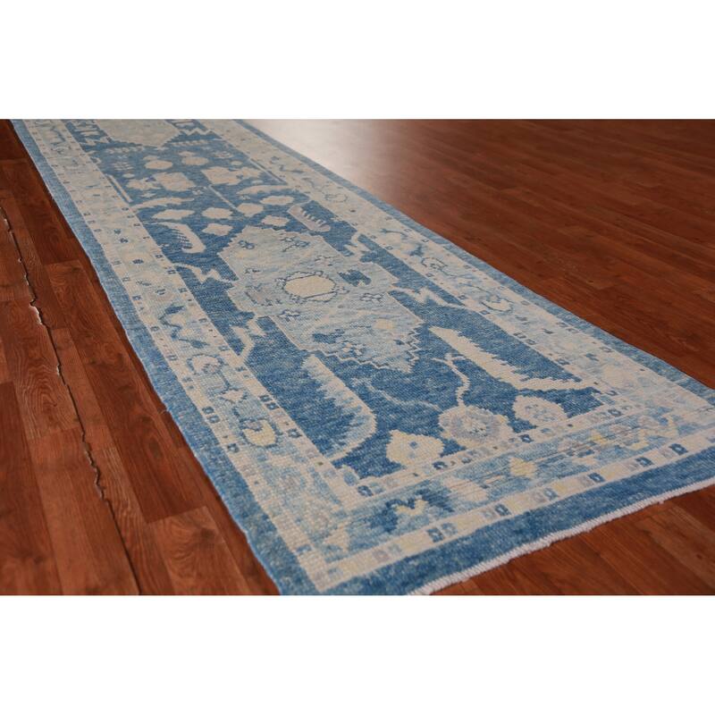 Hand Knotted Oriental 100% Wool Carpet Transitional Geometric Navy Blue & Blues Oushak Runner Rug - 15' 2'' X 2' 10''