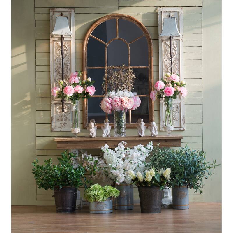 34x54.3" Large Arched Accent Mirror with Brown Frame with Decorative Window Look