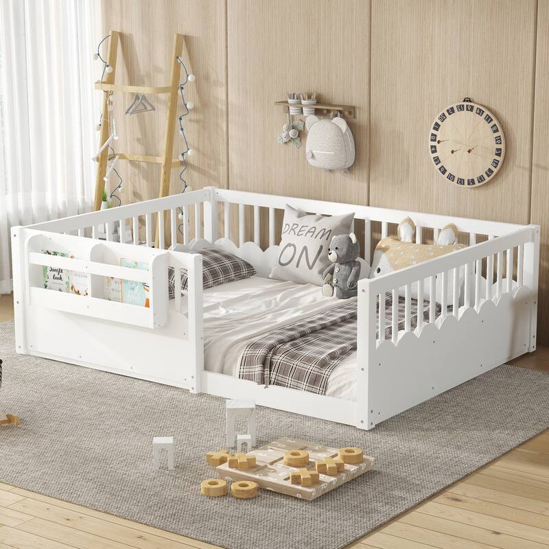Roomfitters Floor Bed with Bookshelf and Heightened Fence, Solid Wood Frame with Guardrails