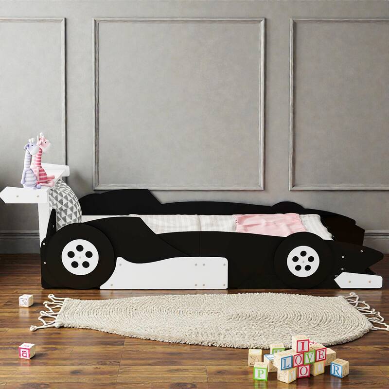Race Car Platform Bed with Wheels, Kids Car-Shaped Bed Frame with Safety Rails