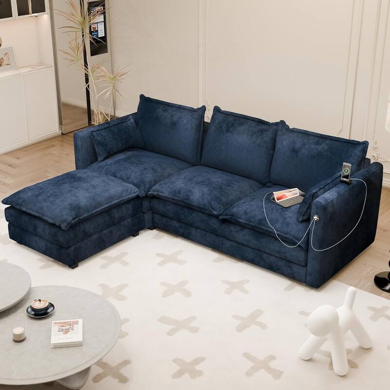 Modular Sectional Sofa L Shaped Couch, 3/4 Seat Sofa Set with Ottoman, Chenille Fabric