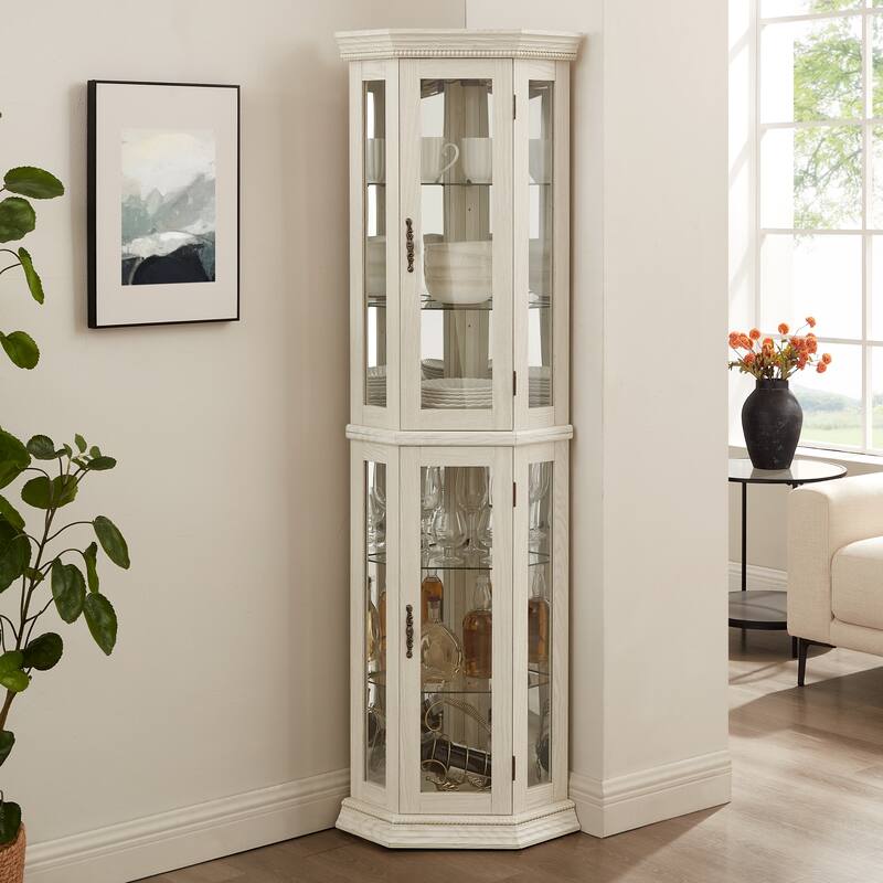 Lighted Corner Curio Cabinet Glass Display Shelf Tempered Doors Adjustable Shelving White