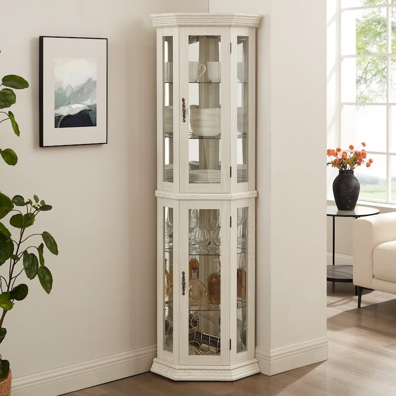 Lighted Corner Curio Display Cabinet, Wooden Curio Cabinet with Mirrored Back Panel, Bar Cabinet with Tempered Glass Doors - White