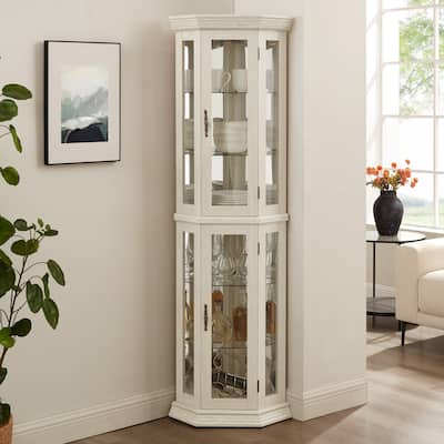 Lighted Corner Curio Display Cabinet, Wooden Curio Cabinet with Mirrored Back Panel, Bar Cabinet with Tempered Glass Doors