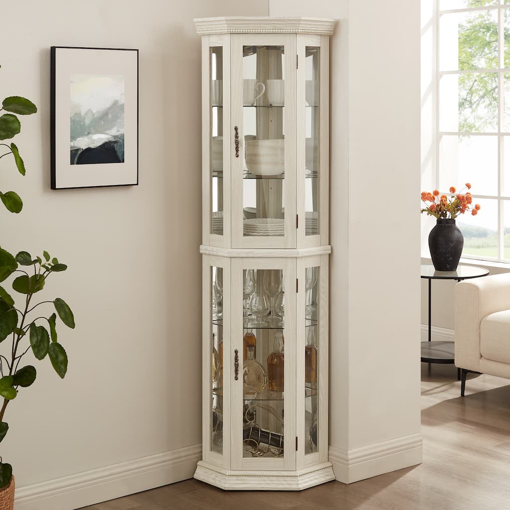 Lighted Corner Curio Display Cabinet, Wooden Curio Cabinet with Mirrored Back Panel, Bar Cabinet with Tempered Glass Doors